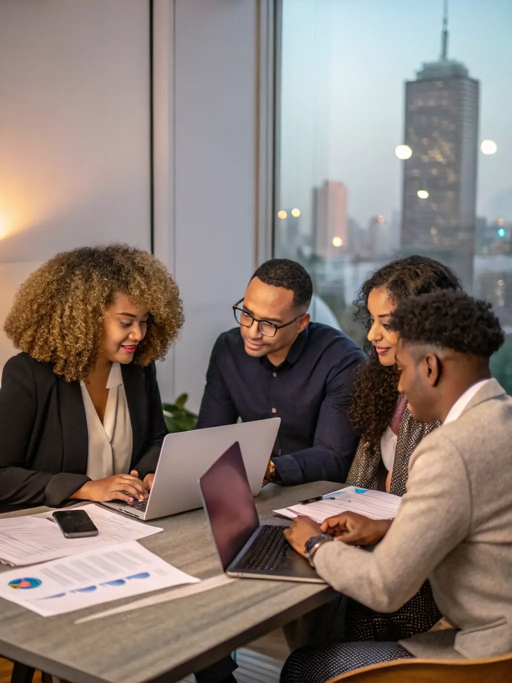A diverse team of financial advisors collaborating in a modern office, reviewing client portfolios and discussing investment strategies.